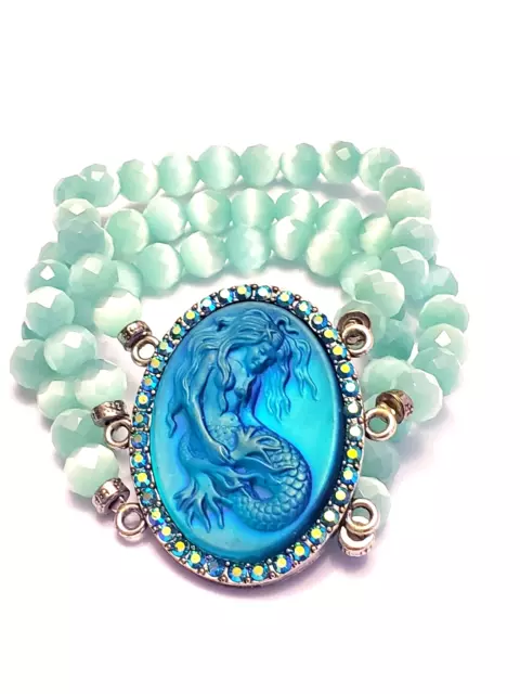 Kirks Folly Lorelei Mermaid Aqua Blue Cats Eye Beaded Stretch Bracelet