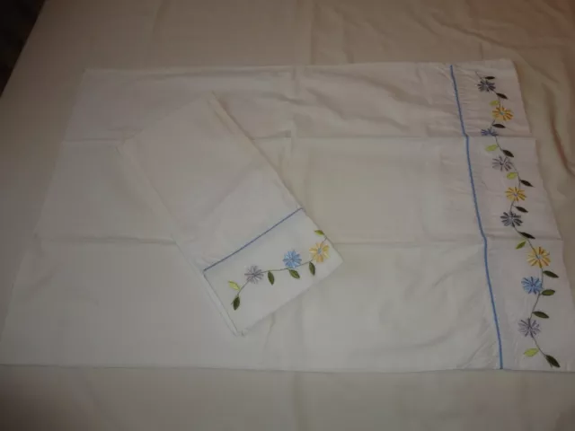 2 Pillowcases Vintage 1970's 100% Cotton Percale White w/ Floral Hem