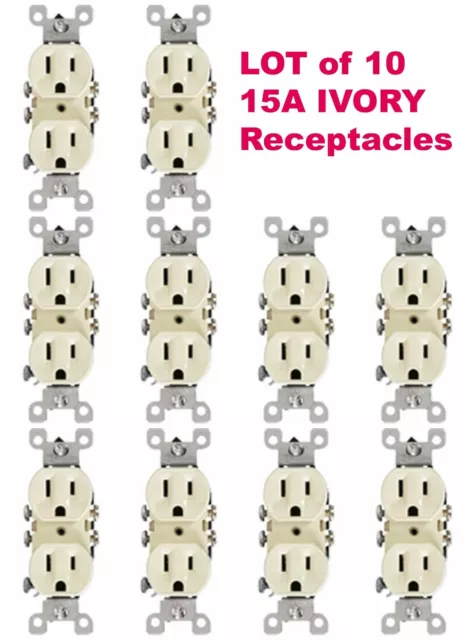 10-PK Leviton IVORY Duplex Receptacle Outlet 15A NEMA 5-15R 125V NEW 5320-I