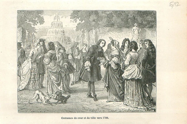 Costumes de cour et de ville vers 1700 sous Louis XIV à Versailles GRAVURE 1883