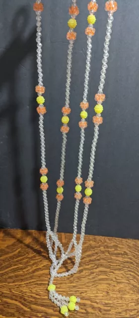 Vtg 70's 30" Plastic Bead Macrame Plant Holder Retro Hanger MCM Yellow & Orange
