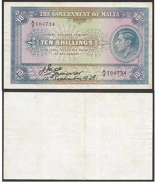 Malta - 1939 King George Ten Shillings  J. Pace RARE  used but still very nice!