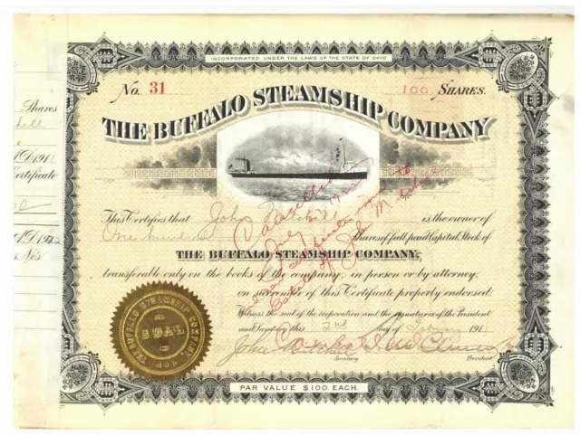Buffalo Steamship Company. Stock Certificate. Ohio. 1911