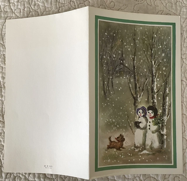 Unused Christmas Snowman Couple Woods Dog Gold Vintage Greeting Card 1960s 1970s 3