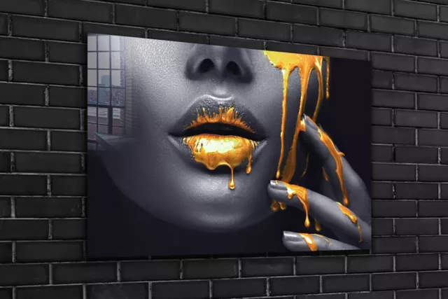 B&W Woman & Gold Lips Tempered Glass Printing Wall Art Australian Made Quality