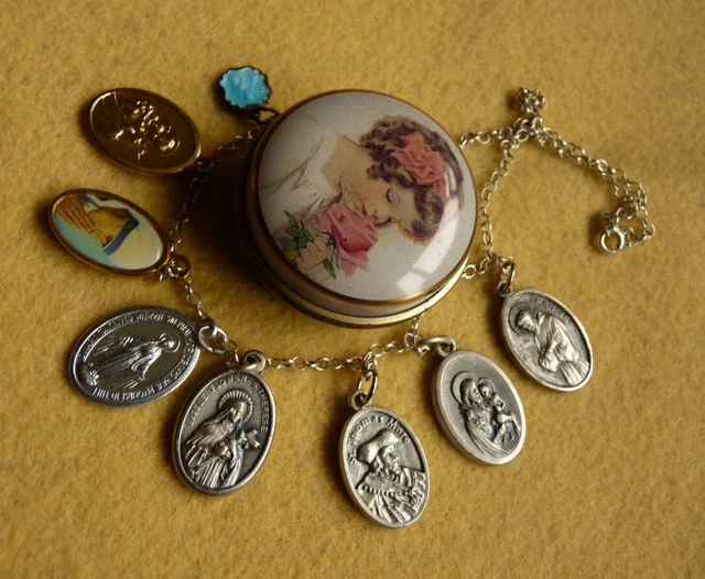 Vintage Cor Jesu Virgo Carmeli Blue Enamel Medallions "Pray for Us" Silver 925
