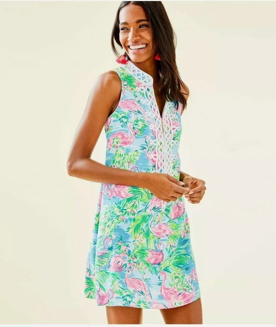 LILLY PULITZER JANE Shift Dress Flamingo Front Zipper Pink Green Palm Beach 12 68.60 PicClick
