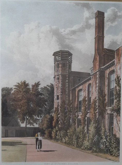 Antique St Peter's College, Cambridge 1814 Hand-coloured Aquatint Engraving