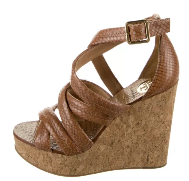 Tory Burch Jeanine Platform Wedge Cork Brown Leather Sandals Size 8.5 EUC