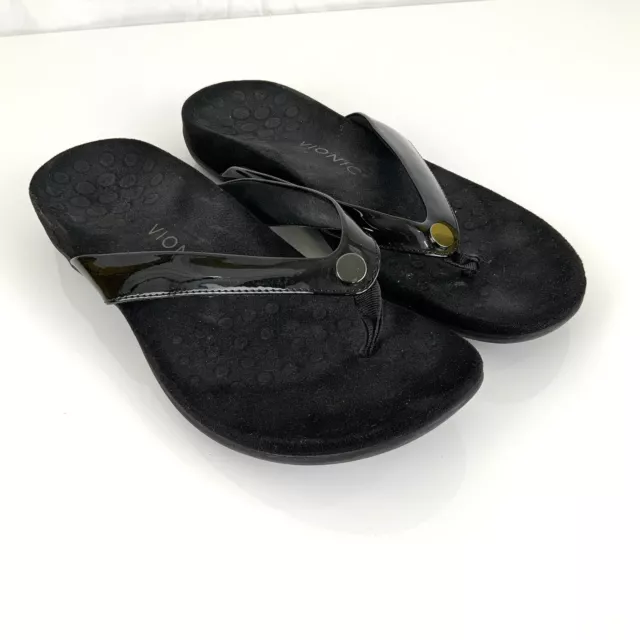 Vionic Sz 10 Davina Black Patent Leather Comfort Flip Flops Thong Sandals
