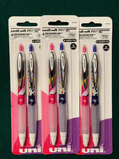 UNI BALL 207 DESIGNER GEL MEDIUM 0.7 MM PEN (3)  2 PK PINK PURPLE 90128 6 Total