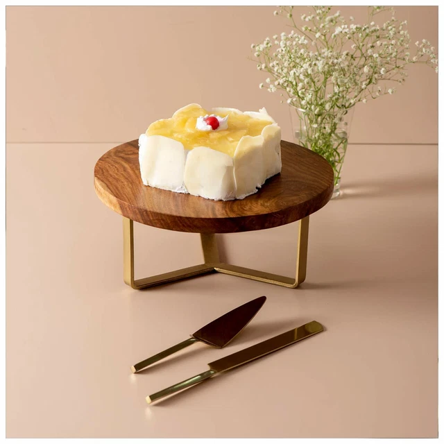 En Bois Présentoir Gâteau Dessert Plateau Stand Avec Doré Gâteau Couverts Set