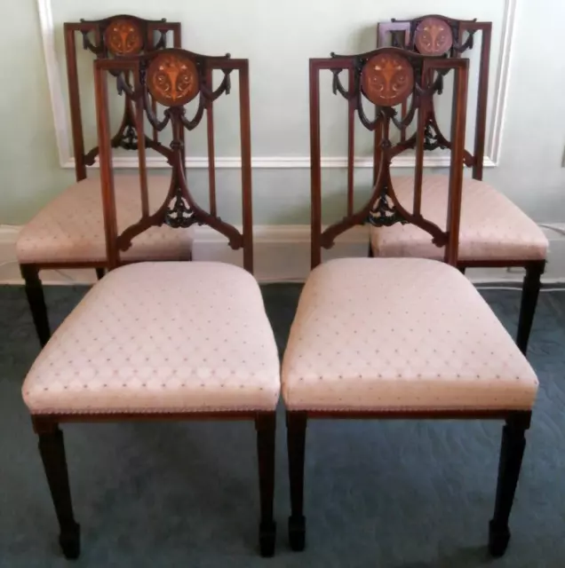 Vintage Antique Edwardian Set of 4 Salon Dining Chairs Inlaid Marquetry Detail