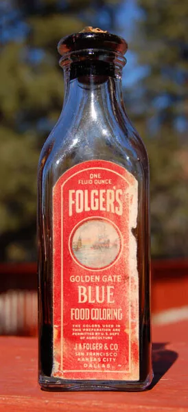 Old FOLGER'S Golden Gate EXTRACT bottle w/pic CLIPPER SHIP S.F. CAL COFFEE Fame