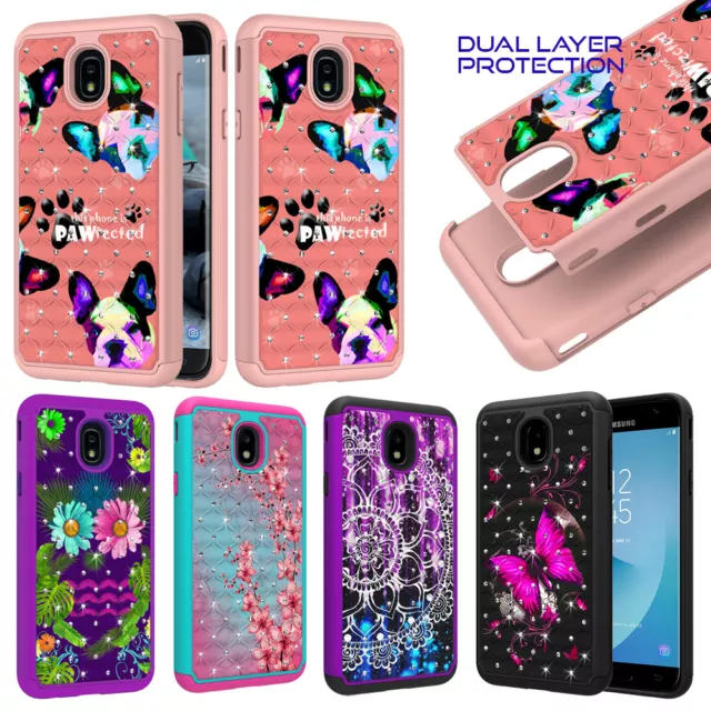 For Galaxy J7 Refine, J7 V 2nd Gen, Dual Layer Hard Diamond Bling Case Cover