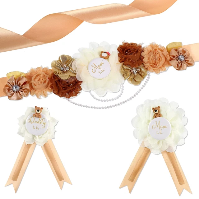 SUSSURRO Teddy Bear Maternity Sash Mom to Be & Daddy to Be Corsage Pin Set Cu...