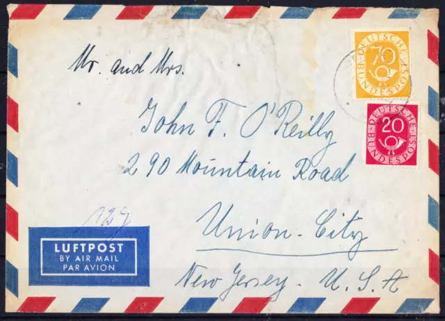 Bund Posthorn, 70 Pf, Mi. 136 auf Luftpost-brief nach New Yersey MiF, selten