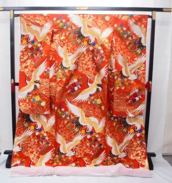 Japanese Kimono Uchikake Luxurious Wedding Pure Silk Orange Cranes Plants Flower