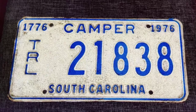 Vintage 1976 Bicentennial South Carolina Camper Trailer Metal License Plate Tag