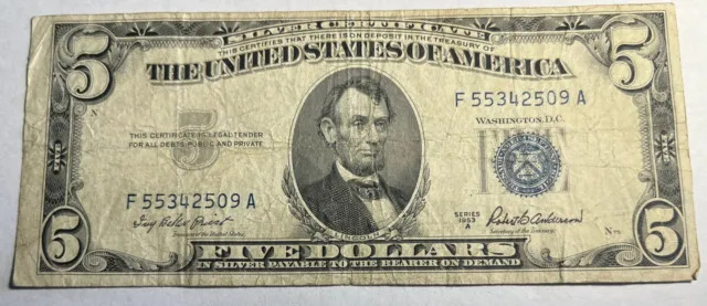 Series 1953 A $5 Dollar Bill Silver Certificate