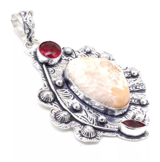 925 Sterling Silver Scolecite & Garnet Gemstone Handmade Jewelry Pendant S-2.10