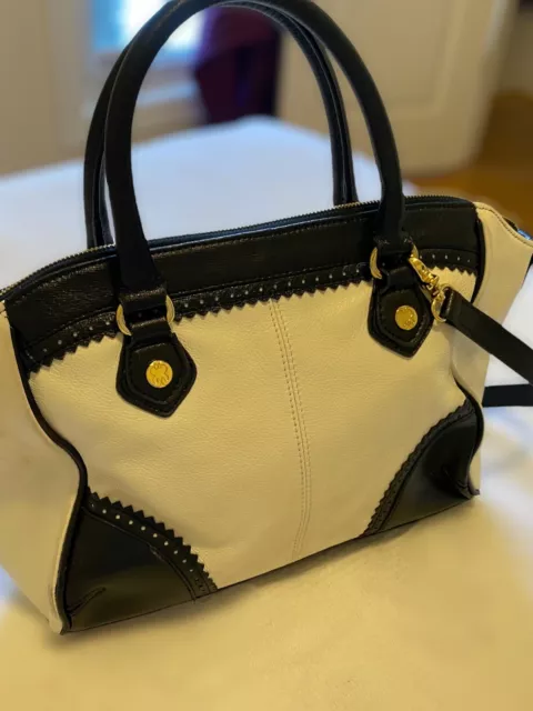 EMMA FOX Navy White Leather Zip Top Shoulder And Elbow Straps Satchel Bag