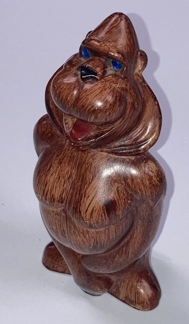 Vintage Happy Gorilla Made in Hong Kong Wood Looking Finish, Jeweled Blue Eyes