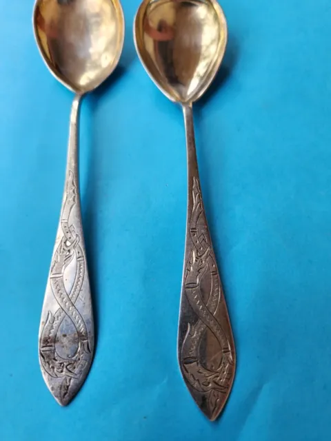 2 Vintage Norway M Olsen 830S Silver 6" Spoons, Chase Work