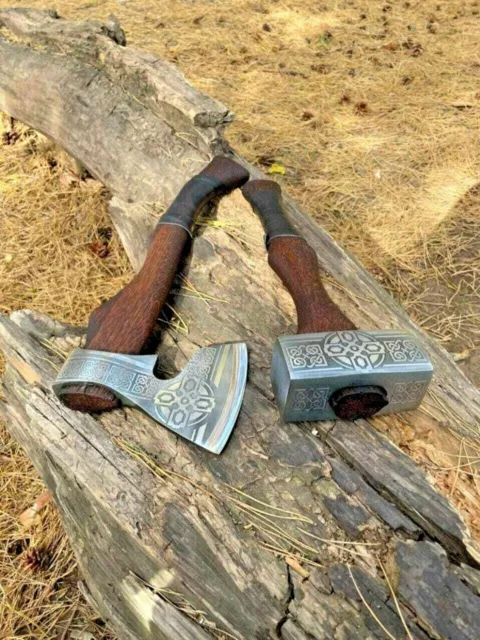 2Pcs Set Viking Hammer + Hatchet Hand Forged Carbon Steel Tomahawk & Hammer