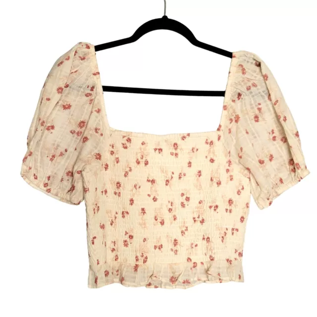 American Eagle Women's M Crop Top Smocked Puff Sleeves Floral Cream Cotton