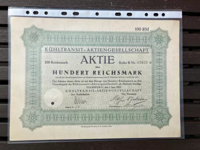 Kühltransit AG - 100 Reichsmark, Hamburg, den 1. Juni 1925