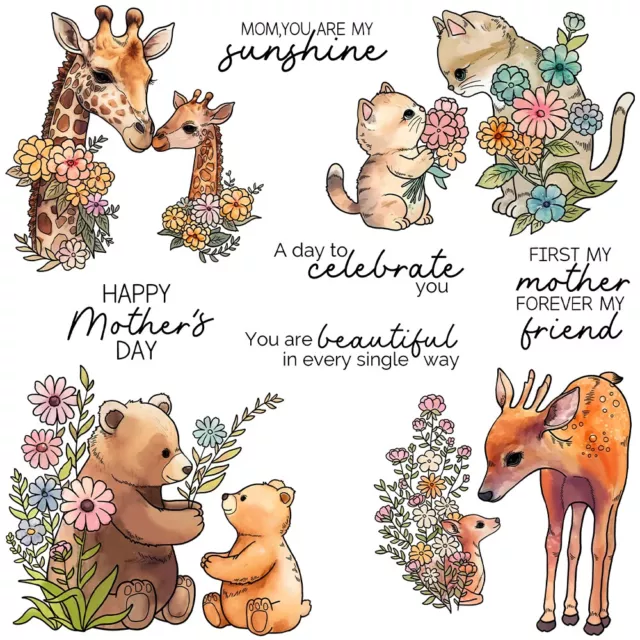 Mother's Day Mother Baby Animals Giraffe Cat Bear Deer Clear Stamps Card Craft