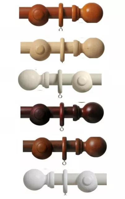 28mm Wooden Curtain Pole Complete Set With Ring Finials & Fitting Brackets