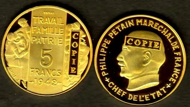 ★★ Jolie Copie Pl. Or De L'essai La Rare 5 Francs 1942 Petain ★★