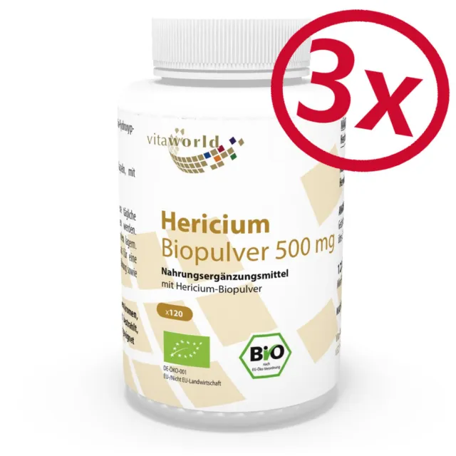 Pack de 3 Hericium Poudre Qualité Bio 500mg 360 Capsules Végétariennes