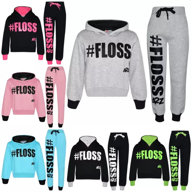 Kids Girls Tracksuit Designer #Floss Hooded Crop Top & Bottom Jog Suit 5-13 Yr