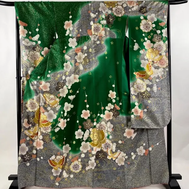Japanese kimono SILK"FURISODE" long sleeves,Gold leaf,Plum blossoms,L5' 5"..3503