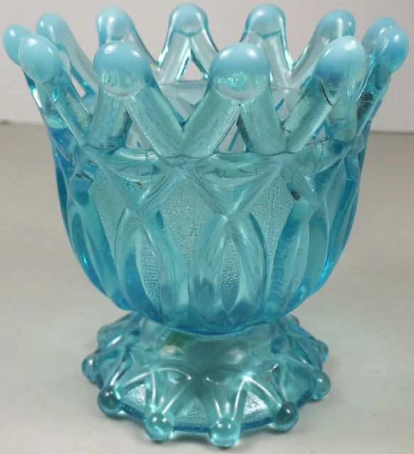 EAPG Antique Blue Opalescent Glass Lattice Loops or Diamond Crown Spooner