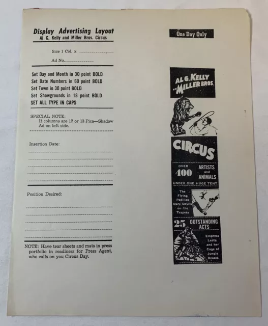 vintage AL G KELLY AND MILLER BROS CIRCUS unclipped newspaper ad sheet size 1