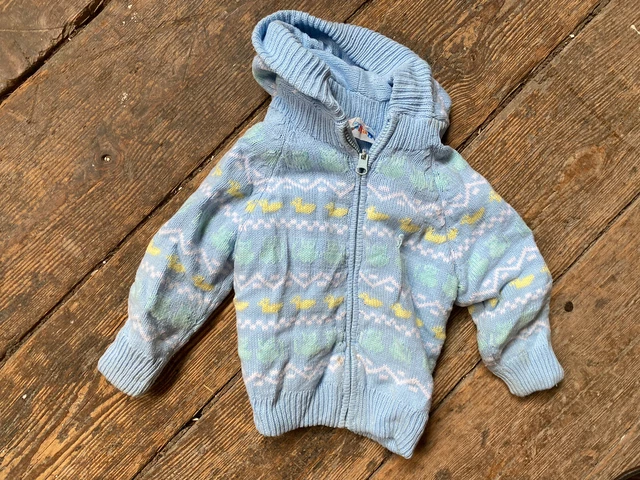 Vintage Maglione Bambini Cardigan Novità Luce Blu Solunah Misura 3T