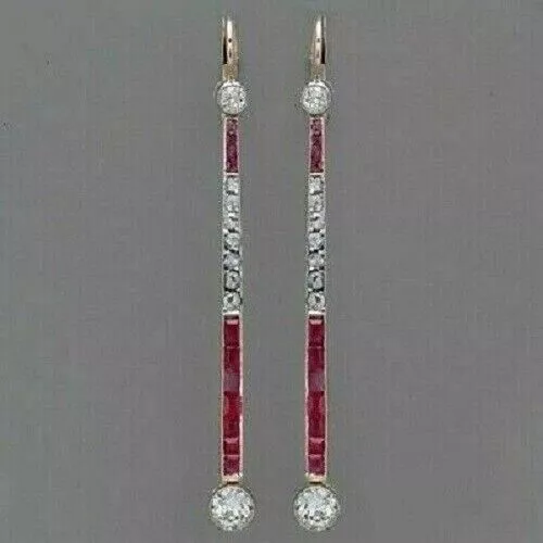 Art Deco Lab-Created Diamond & PinkRuby Long Drop 14K White Gold Filled Earrings