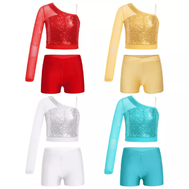 Kids Girls Activewear Practice Top And Shorts Sport Dancewear Sparkly Two Piece