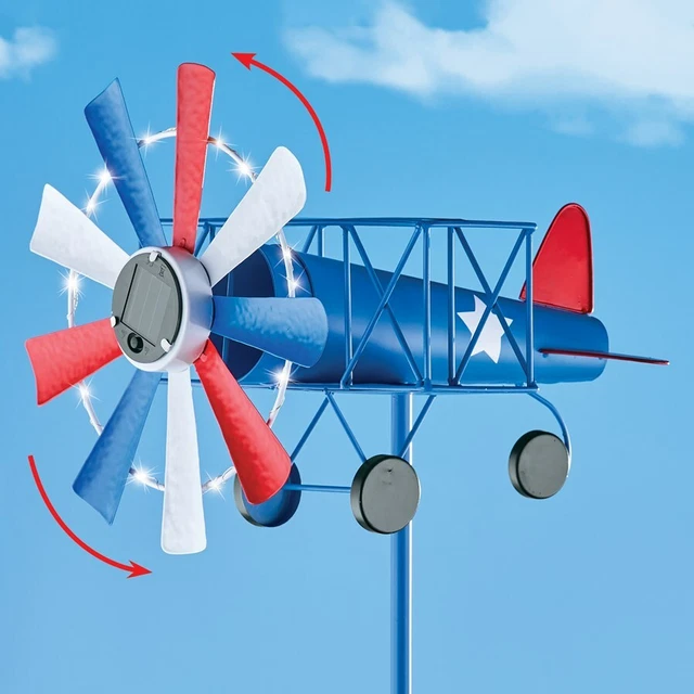 SOLAR LIGHTED 4TH of July Propeller Airplane Metal Garden Wind Spinner