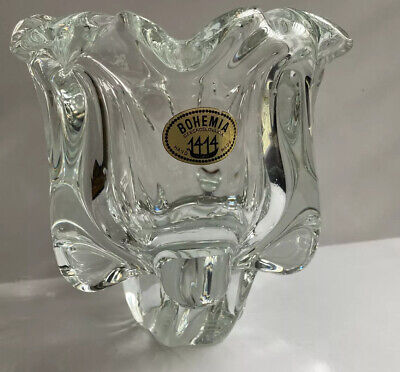 VTG Bohemia Czechoslovakia Hand Made Crystal Glass Vase Thick Footed Clear 7”