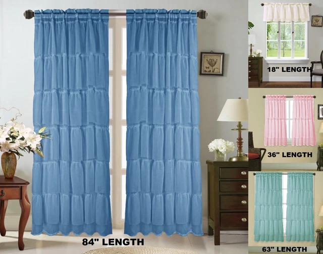 1 Set Shubby Solid Soft Voile Sheer Fabric Window Curtain Ruffle Panel Gypsy