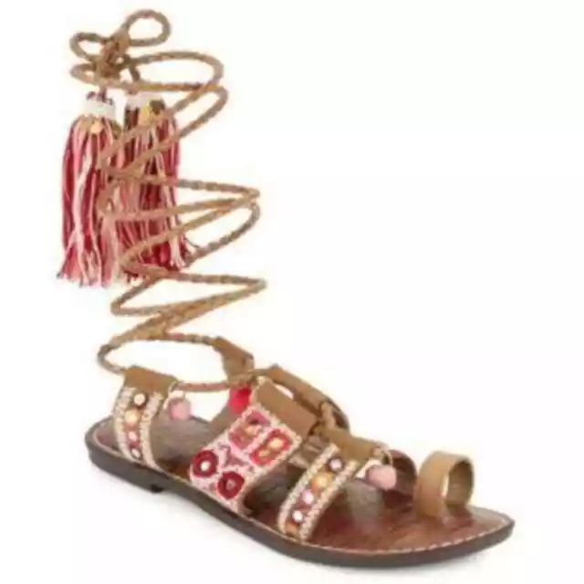 Sam Edelman Gretchen Embellished Boho Tassel Lace Up Sandals Pink Brown Sz 10 2