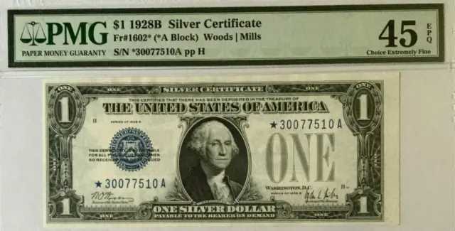 1928B $1 Pmg45 Epq Choice Ext Fine  *Star* Silver Certificate (*A Block)    3837