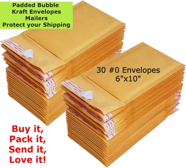 30 #0 6X10 Kraft Paper Bubble Padded Envelopes Mailers Shipping Case 6"X10"