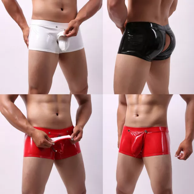 Herren Sexy Boxershorts Pouch Button Trunks Unterwäsche Unterhosen Höschen PU