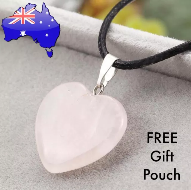 Pink Rose Quartz Natural Crystal Heart Pendant Choker Necklace +FREE Gift Pouch